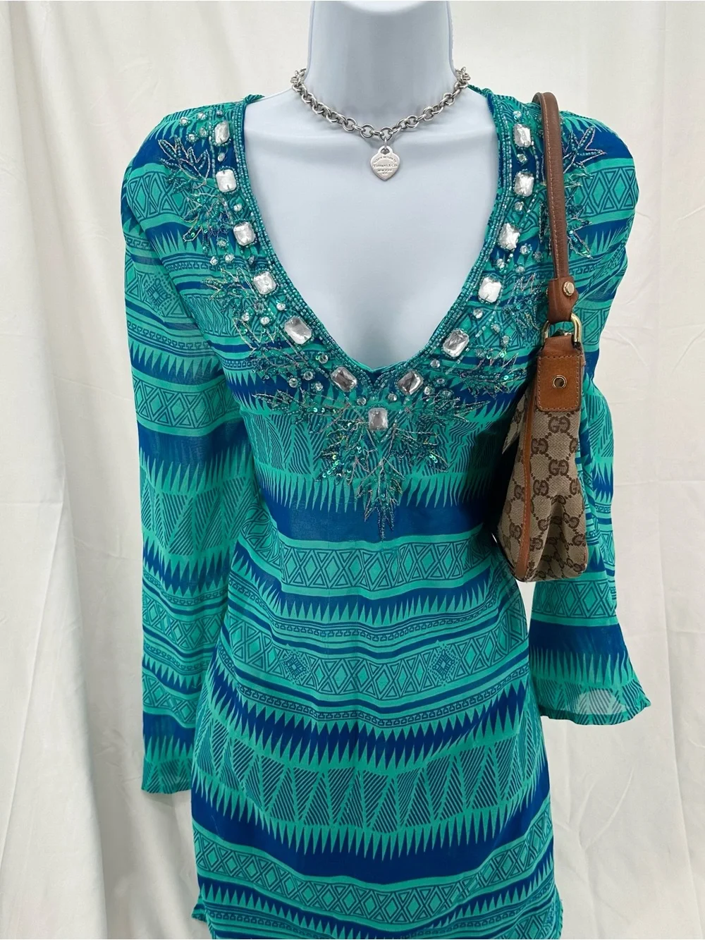 Beaded Boho Teal and Blue Swim Suit Cover Up Mini Dress